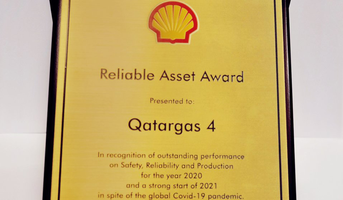 Qatargas 4 (QG4) received the Reliable Asset Award from Shell Qatar